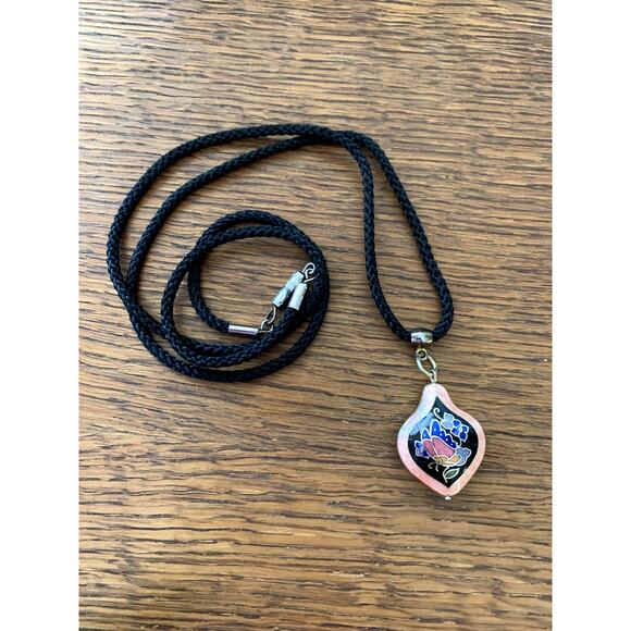 Vintage Cloisonne Floral Black Rope Victorian Pendant Necklace ~Chinese - Picture 5 of 7